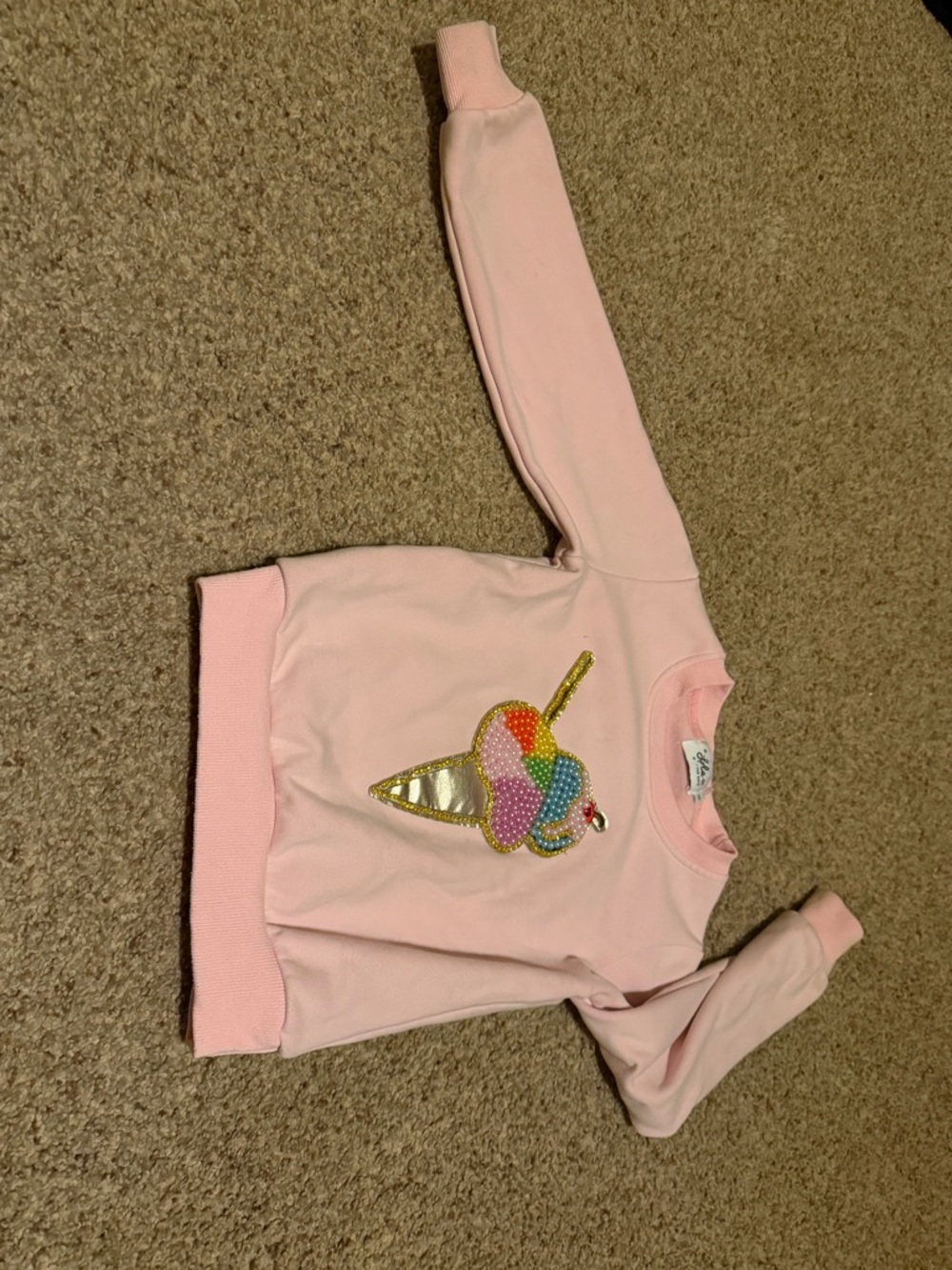 Pink Girls' Sweater with Rainbow Beaded Ice Cream Applique